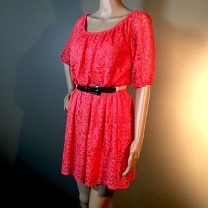 City Triangles Coral Peach Lace Dress with Brown Belt Size Small Classy Comfy